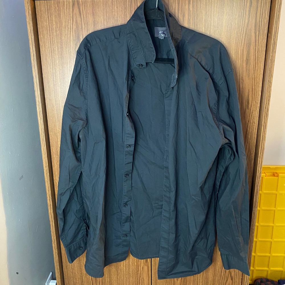 H&M Button Down Shirt Mens XXL Black Slim Fit Easy Iron Long Sleeve Dress Top